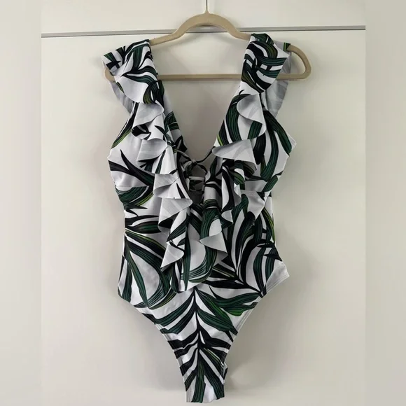 Tropical Leaf Print Kids One Piece Swimsuit - Picture 5 of 13